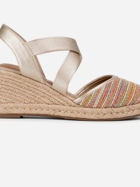 me too Metallic Gold Wedge Espadrilles with Multicolor Weave Toe